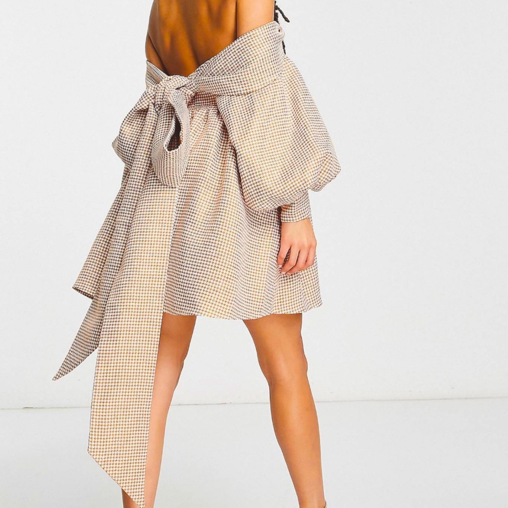 ASOS LUXE bandeau sweetheart neck mini smock dress in orange plaid jacquard